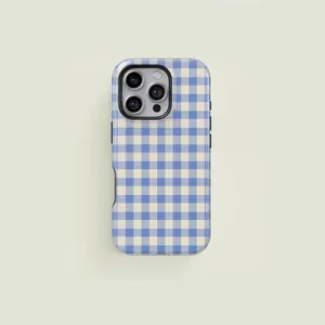 Mini Check Plaid Light Blue and Cream 2-in-1 phone case Cover with a durable, Shockproof, shock-absorbing, Protective, and stylish design. Compatible with iPhone 17 16 15 14 13 12 11 Pro Max Pro Plus Samsung Galaxy S25 S24 S23 Ultra Accessories