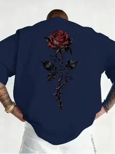 Men's Summer Essential T-Shirt, Streetwear, Rose Print, Casual Short Sleeve Round Neck, Knit Fabric, Comfortable for Leisure and Home Use