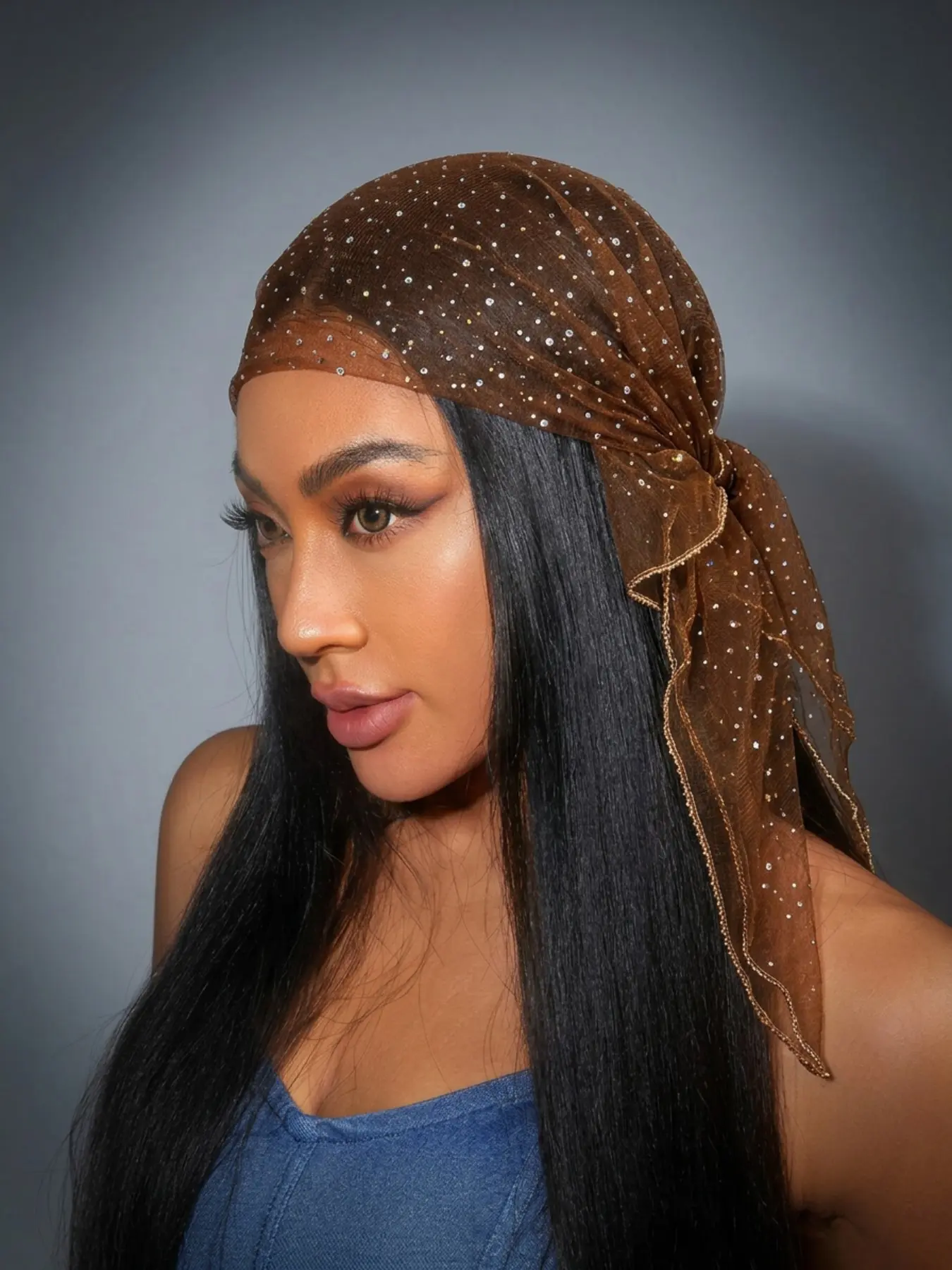 Women's Fashion Polyester Rhinestone Bandana Scarf, Casual Fitted Headscarf, Plain Design, All Seasons, Street Style Accessory
