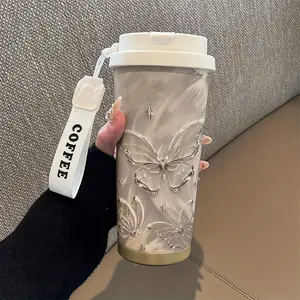 Art Butterfly Coffee Insulated Cup, 530ML with Straw and Lid, Dual Wall Vacuum Travel Mug, Leak-Proof Cap and Handle, Suitable for Hot/cold Drinks, Stainless Steel Thermos