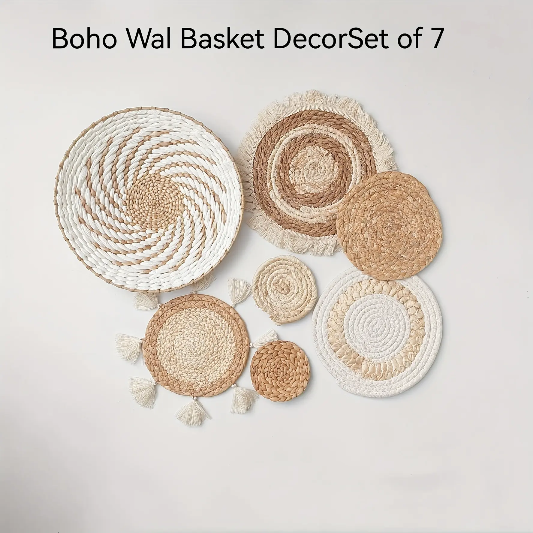 7pcs Bohemian Rattan Wall Baskets - Handwoven Round Hanging Storage Suitable for Farmhouse, Decor, Rustic Ceiling/ Hooks, Rattan Shelf for, Entryway Organization, No Assembly Required, Space-Saving, Floating Shelves