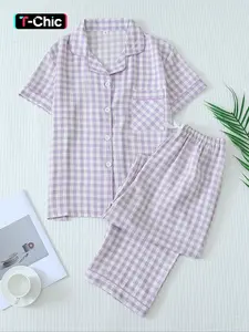 Two-Piece Set Women's Plaid Print Button Front Pocket Shirt & Elastic Waist Pants Pyjama, Casual Comfy Short Sleeve Collared Top & Trousers PJ Set, Ladies Sleepwear for All Seasons Pajama Set Nightwear Sleepwear Collared Pajamas