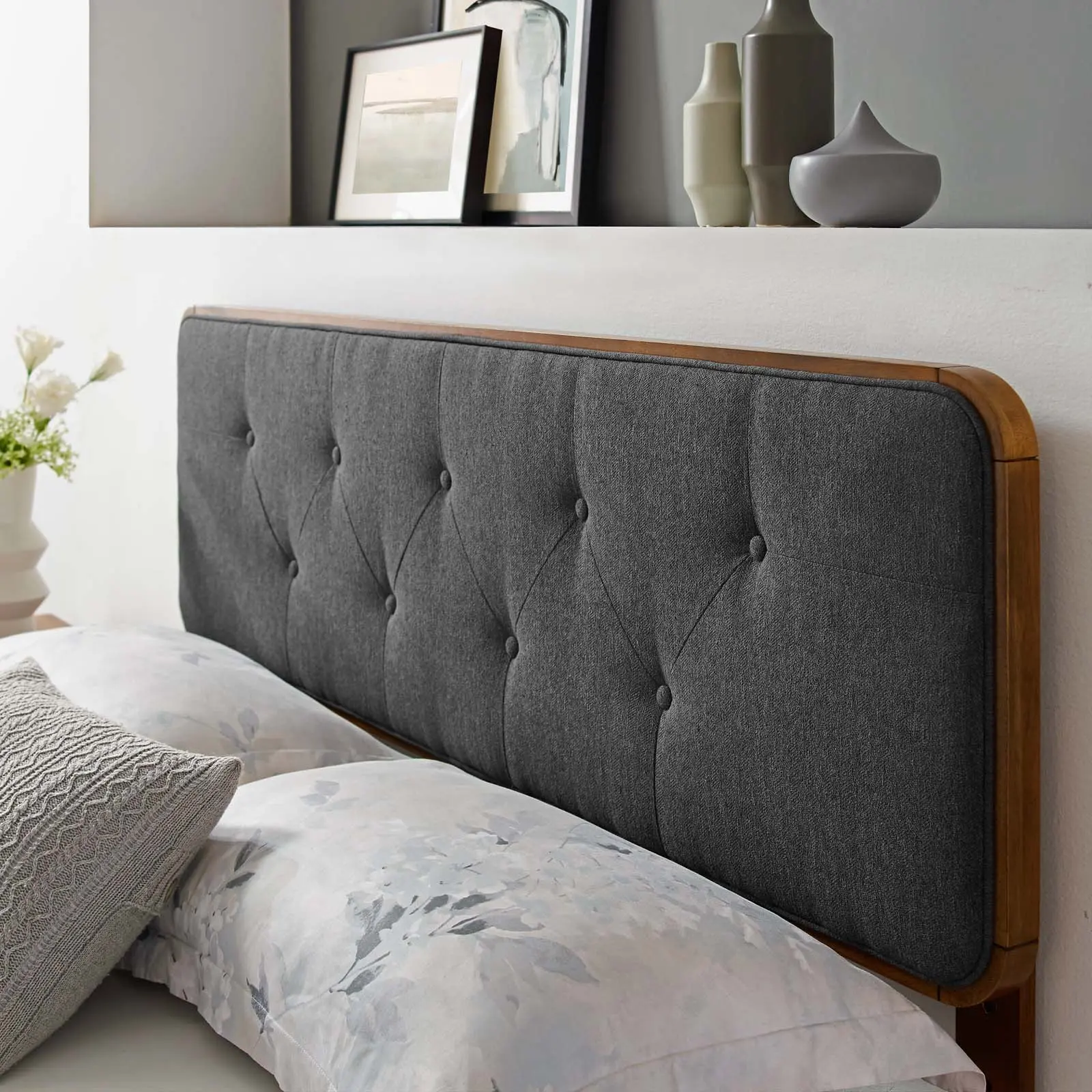 Modway Collins Mid-Century Modern Tufted Foam Twin Fabric-and-Wood Headboard, Walnut Charcoal Finish for Guest Bedrooms & Modern Bedrooms