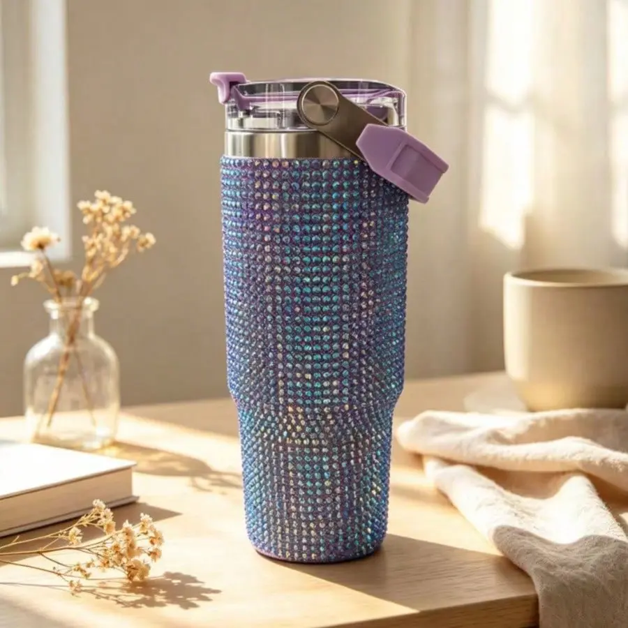 30 oz Double-Wall Insulated Stainless Steel Tumbler - Spill-Proof Lid with Straw Hole, Glitter Glam Reusable Travel Mug for Coffee, Hot/Cold Drinks, Car/Office Use, Aesthetic Birthday Gift for Coworkers (Pink, Black, Purple)