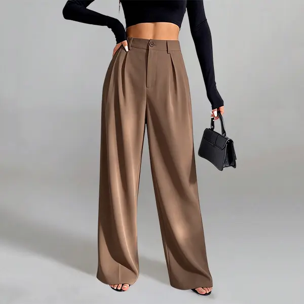 S–5XL women’s coffee-colored high-waisted suit trousers for commuting, slimming and leg-flattering, elegant wide-leg design with front pleat, long length, fluid drape, wrinkle-resistant, floor-length straight cut