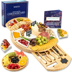 Varezza Extra Large Charcuterie Boards Gift Set: 16 in Round Bamboo Cheese Board and Knife Set, Cheese Tray - Unique for Mom, Wedding Gifts for Couple, House Warming Gifts New Home