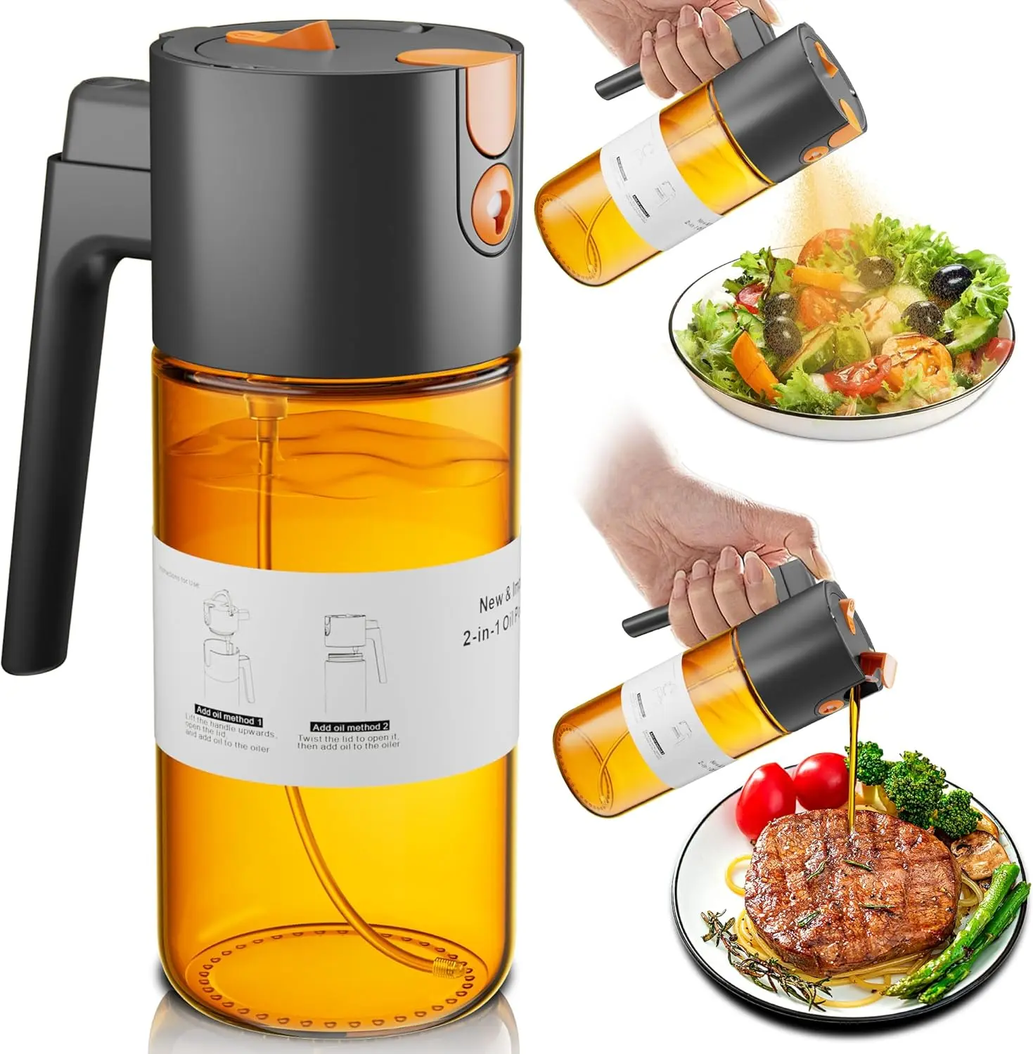 2-in-1 Kitchen Olive Oil Sprayer & Dispenser, 17 oz Light-Blocking Glass Bottle - Large Capacity, Wide-Mouth for Easy Pouring/Cleaning, Leak-Proof Stainless Steel Nozzle, Portable with Stickers for Salads, Air Fryers