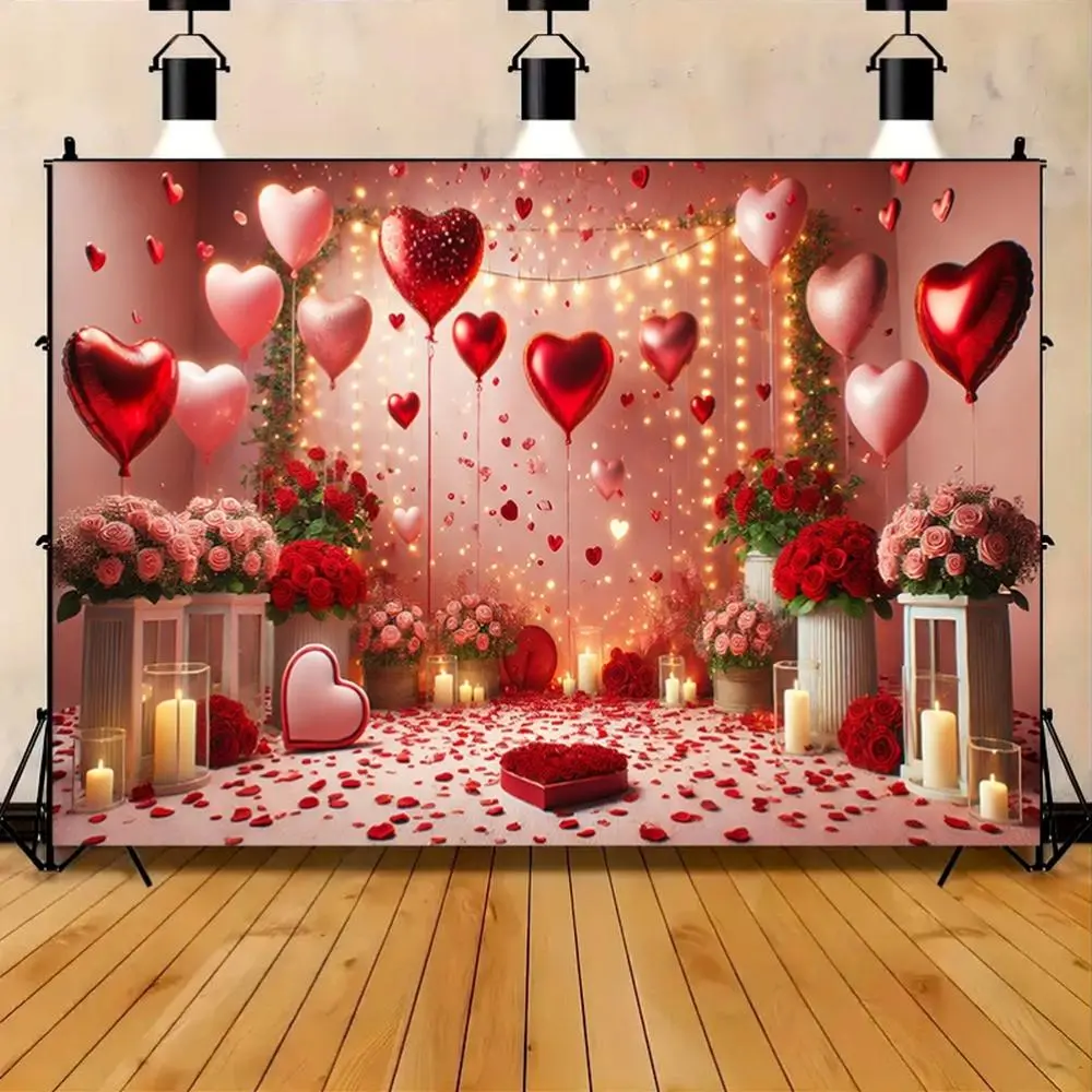 1PC Polyester 2D Flat Heart Balloon Rose Backdrop Banner - Reusable Romantic Home Supply Curtain, Home Party Decorations for Indoor/Outdoor Valentine's Day, Birthday Parties