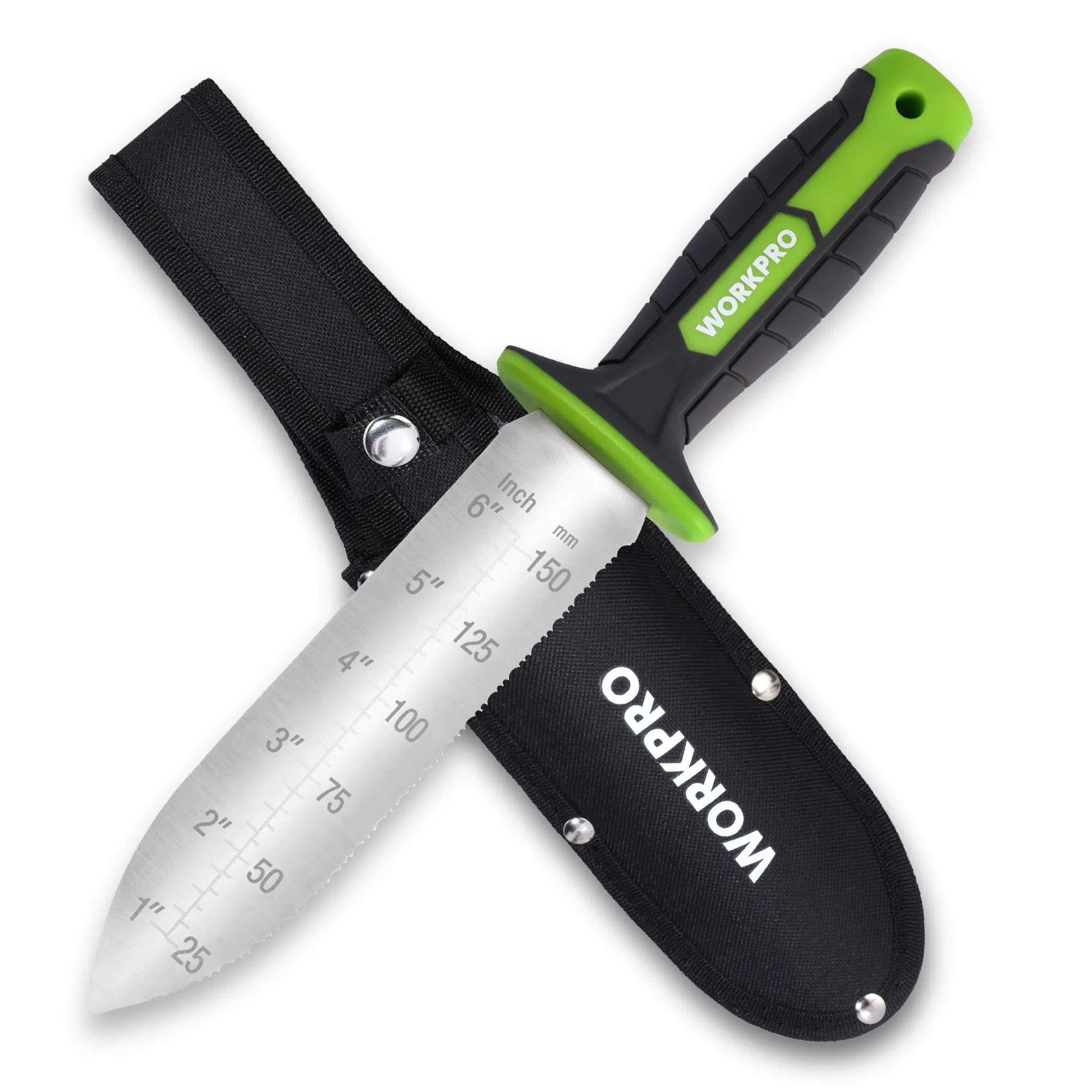 #BacktoSchool WORKPRO Hori Hori Garden Knife, Garden Tools with Oxford Sheath | Stainless Steel Blade with Cutting Edge, Ergonomic TRP Handle with Hanging Hole, for Weeding, Planting, Digging, Green