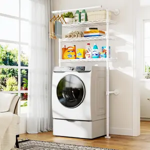 Wall-Mounted Over The Washer Dryer Shelves Without Moving Machines, Laundry Room Rack with Adjustable Shelves and Hanger Rod, 35" W x 22" D x 86.2" H, Holds 352 lbs, White