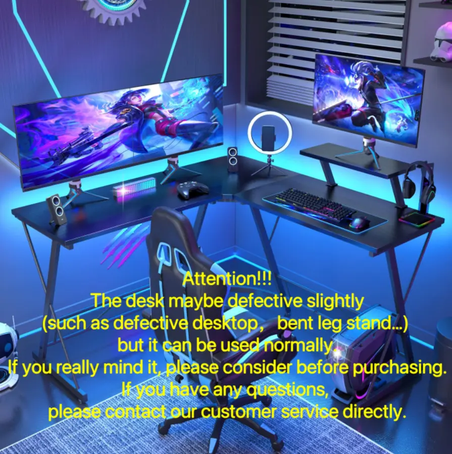 【May Defective】Mr IRONSTONE L Shaped Gaming Desk Corner Computer Desk,L shaped desk, Home Office Desks Writing Workstation with Large Monitor Stand, Easy to Assemble