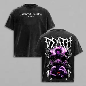 Oversized Graphic T-Shirt, Men's Death Note Ryuk & Light Vintage Washed Tee, Heavy Cotton Loose-Fitting Anime Streetwear with Reinforced Shoulders, Anime Fashion