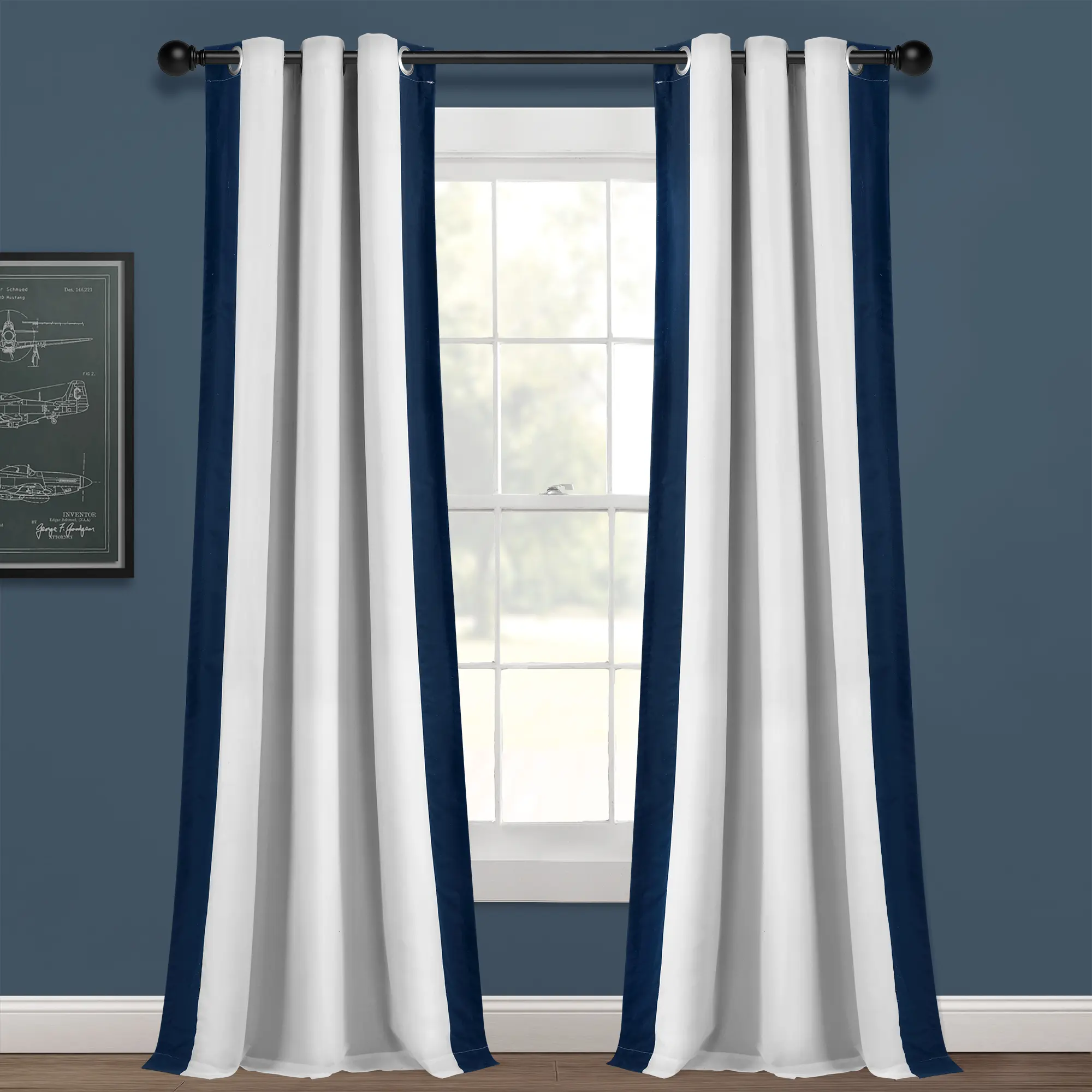 Lush Decor Block Border Grommet Blackout Window Curtain (Single Panel) - 40"W x 84"L - Blackout Curtains For Bedroom - White Curtains