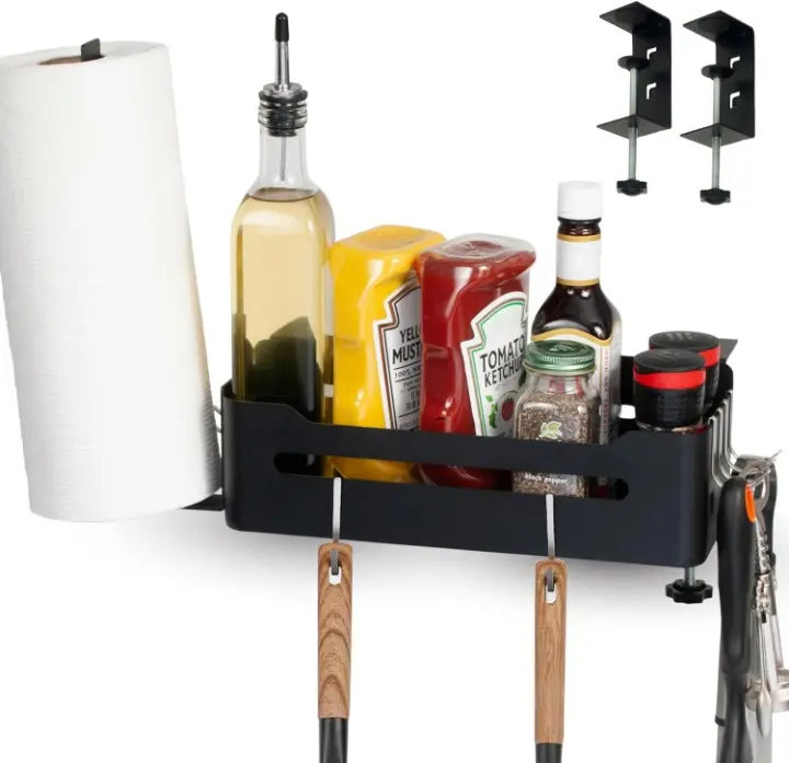 Griddle Caddy for Blackstone Griddles/Prep Cart with Side Shelf, Space Saving for BBQ Grill Accessories Storage Box with Paper Towel Holder,6 J-Hooks