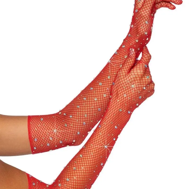 Bling Ring Rhinestone Fishnet Gloves - Red with Glittery Rhinestone Accents, Perfect for Fashion and Style
