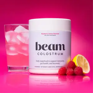Beam Colostrum Superfood Powder — 30 Servings for Immunity, Muscle Recovery & Gut Health (Raspberry Lemon Flavor, Fiber + Vitamins)