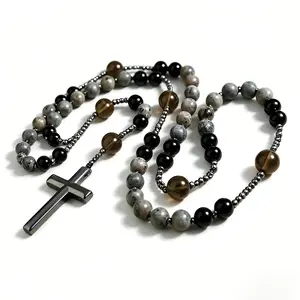 Hand-Made Natural Obsidian Yooperlite Rosary Crystal Necklace, UV-Reactive Healing Bead String Jewelry with Hematite Cross Emblem Pendant, Adjustable Unisex Artistic Clavicular Chain, Elegant Couple Gift for Everyday & Party Wear, Crystal Necklaces, Bead
