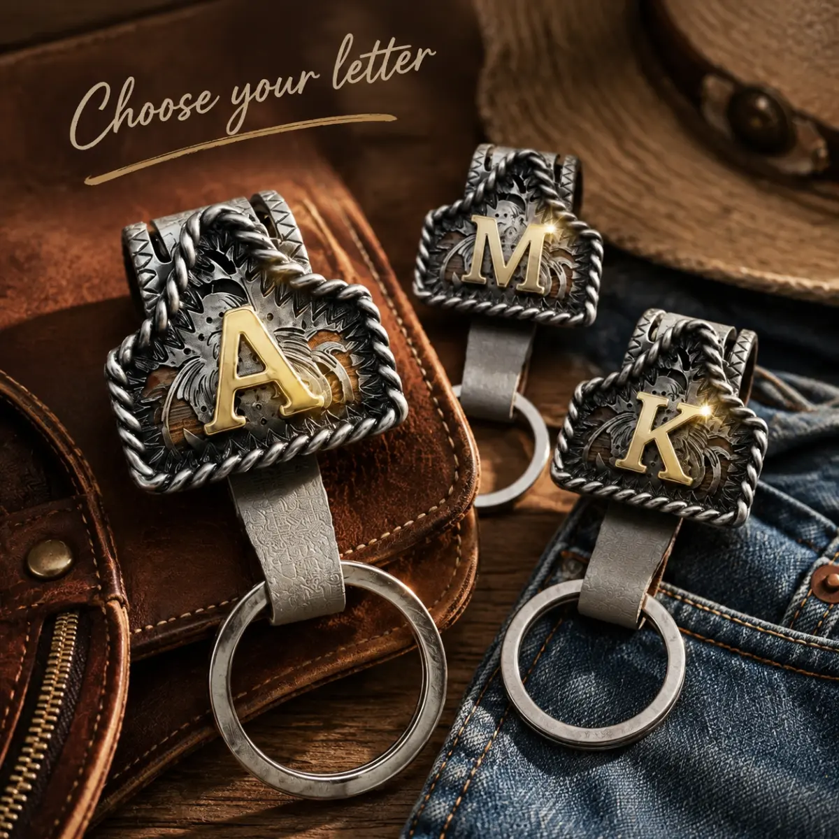 Western Initial Keychain Clip, Personalized Letter Belt Key Holder, Handmade Engraved Metal Cowboy Keychain for Men & Women, Ranch Style Bag Charm, Gift for Western Lovers