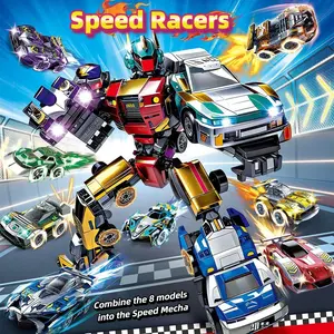 Hot TikTok Extreme Speed Racers 8-in-1 Fusion Building Blocks Full Set 8 Racing Cars Transform into Epic Mecha Robots Viral Gift for Kids Boys