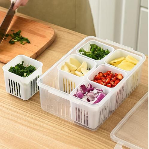 Food Storage Containers with Lids Airtight, Fridge Fresh-Keeping Container with 6 detachable small boxes, Portable Divided Fruit Storage Container Onion Ginger Garlic Cherry Storage