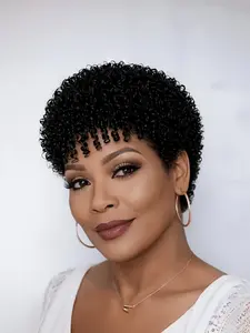 Women's 6-Inch Short Afro Kinky Curly Pixie Wig with Bangs, 160% Density, Real Human Hair, Ideal for Parties and Cosplay, Afro Kinky Wigs