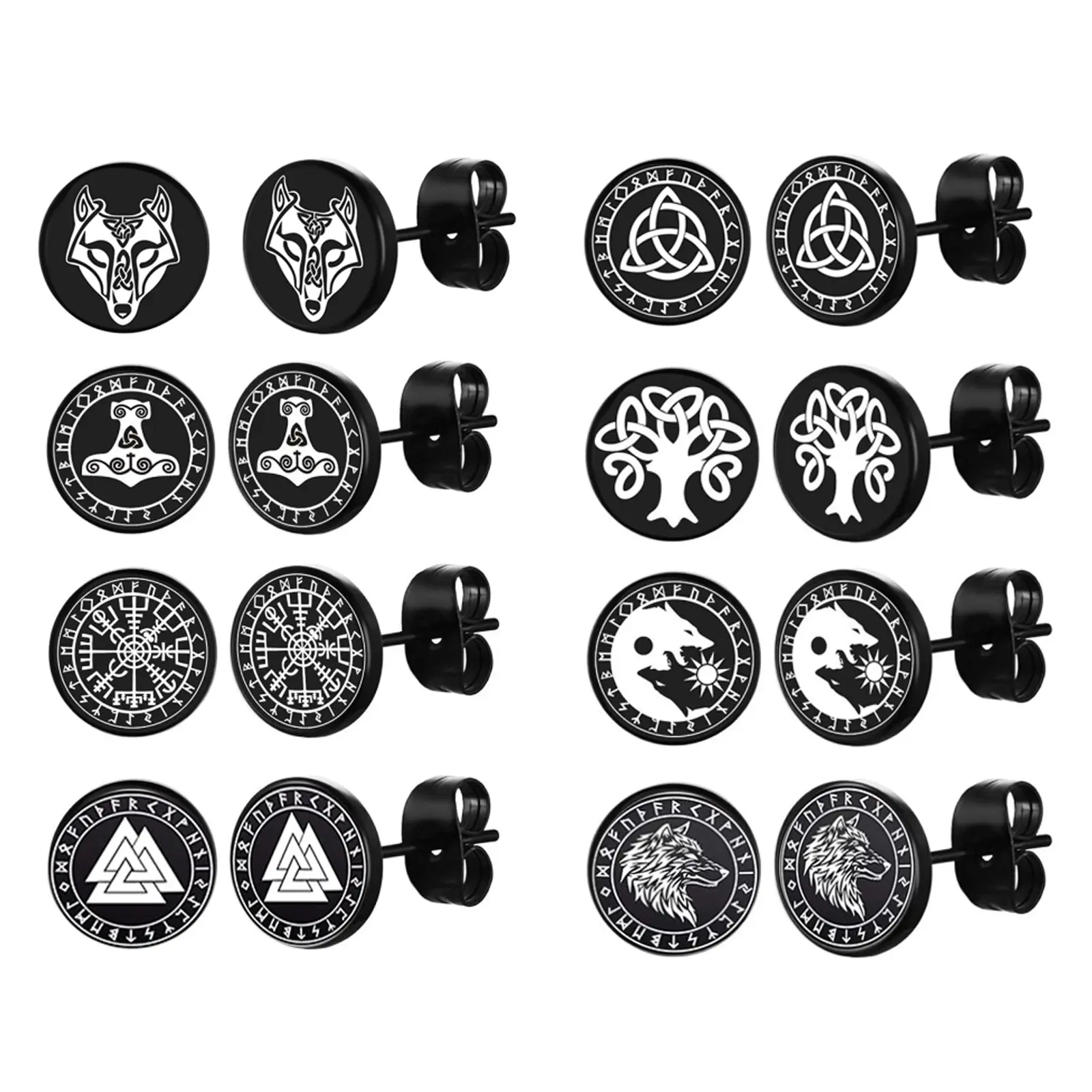 OIDEA 8-Pair Viking Earrings Set for Men, Black 316L Surgical Steel Jewelry with Norse Designs, Compact Medieval Aesthetic for Anniversary, Fathers Day, Viking Symbols, 0.39 Inches Wide, Hypoallergenic, Mythology-Rich Viking Earring Set