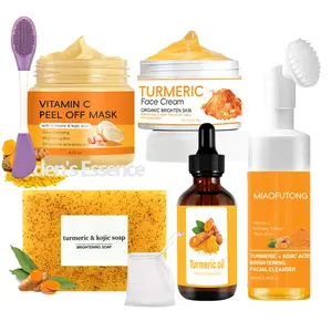 Turmeric 6-Piece Skincare Set with Massage Cleansing Brush – Includes Turmeric Clay Mask, Turmeric Mousse Cleanser, Turmeric Soap, Turmeric Face Cream, and Turmeric Oil. A complete cleansing and skincare kit