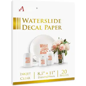 Waterslide Decal Paper for Inkjet Printers 20 Sheets Clear Water Slide Transfer Paper 8.5x11 in for DIY Tumbler, Mug, Glass