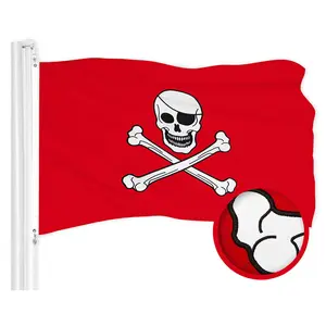 G128 Pirate Jolly Roger Bones Red Flag | 1x1.5 Ft | ToughWeave Series Embroidered 300D Polyester | Novelty Flag, Embroidered Design, Indoor/Outdoor, Brass Grommets