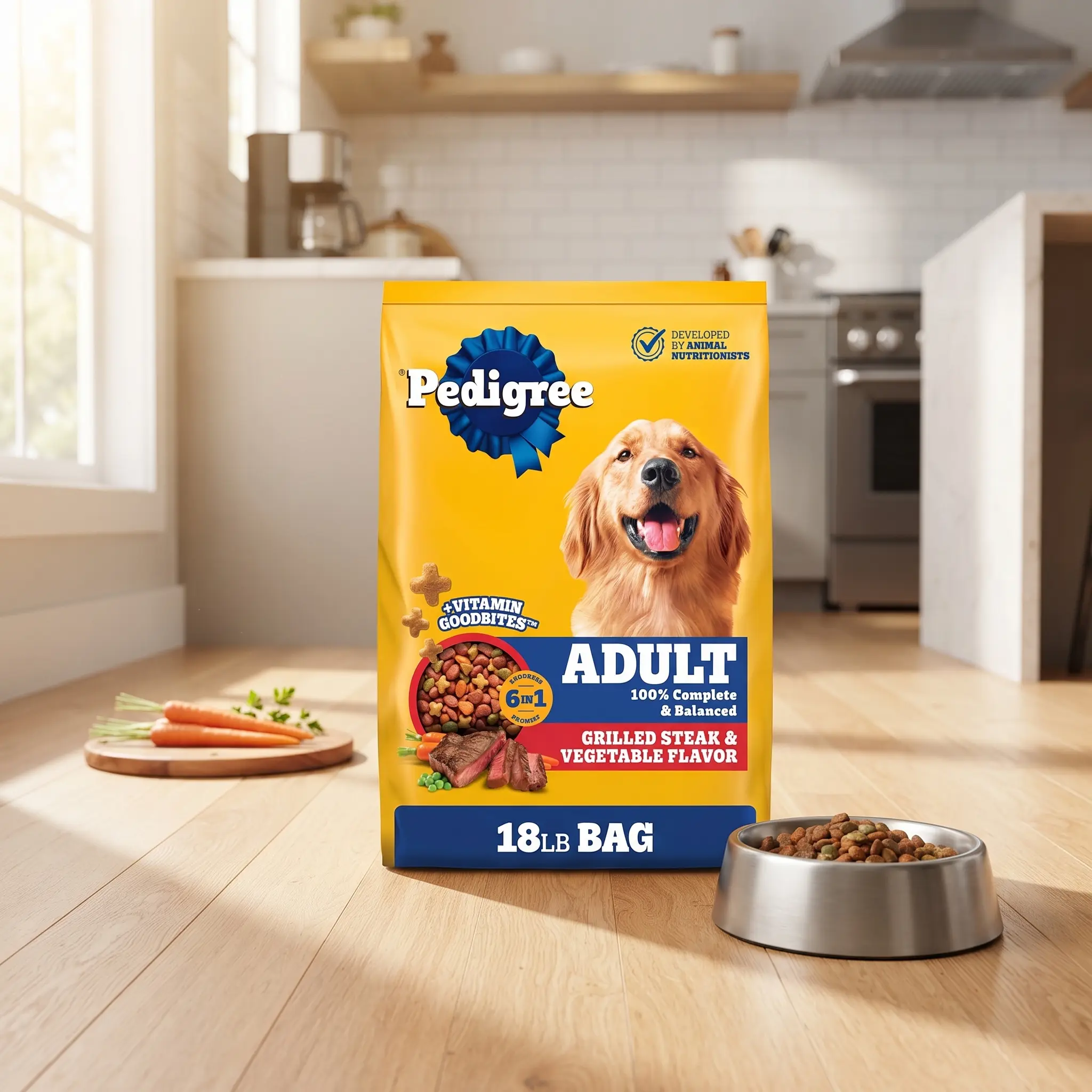 Pedigree High Protein Adult Dry Dog Food, Grilled Steak & Vegetable Flavor, Complete & Balanced Nutrition for Adult Dogs, 18 lb Bag