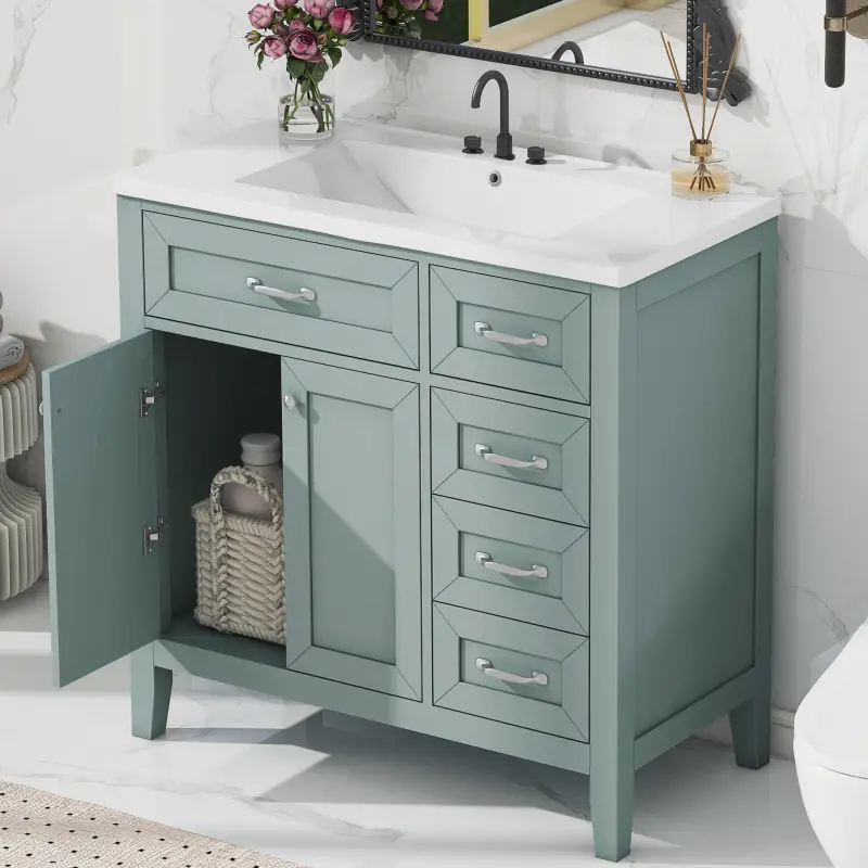 36" Modern Bathroom Vanity with Sink Combo, Green Bathroom Storage Cabinet with 3 Drawers, Solid Frame and MDF Board