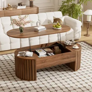 47.2*23.6*16.5 Inch Lift Top Coffee Table, MDF Wood Grain Elliptical Cocktail Table with Hydraulic Lifting, Hidden Storage Compartment and Wavy Groove Design, 150 LBS High Capacity Easy Assembly for Living Room Home Office