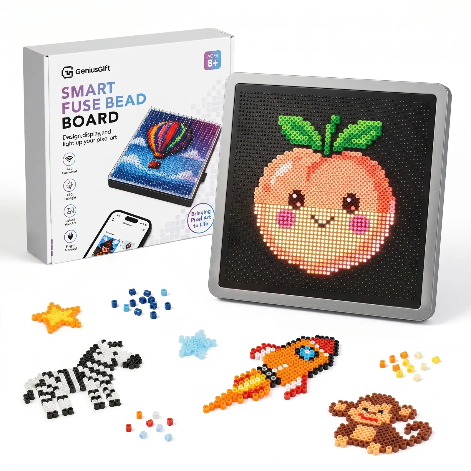 GeniusGift Smart Fuse Bead Board for 2.6mm Mini Beads, 52x52 Grid Pegs with LED Guidance Pixel Art Board, App Pattern Library, STEM DIY Craft Toy for Kids & Adults