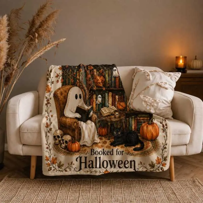 Booked for Halloween, Ghost Reading Blanket, Book Lover Gift, Fall Fleece Throw Blanket, Cozy Reading Blanket, Cute Autumn Home Decor