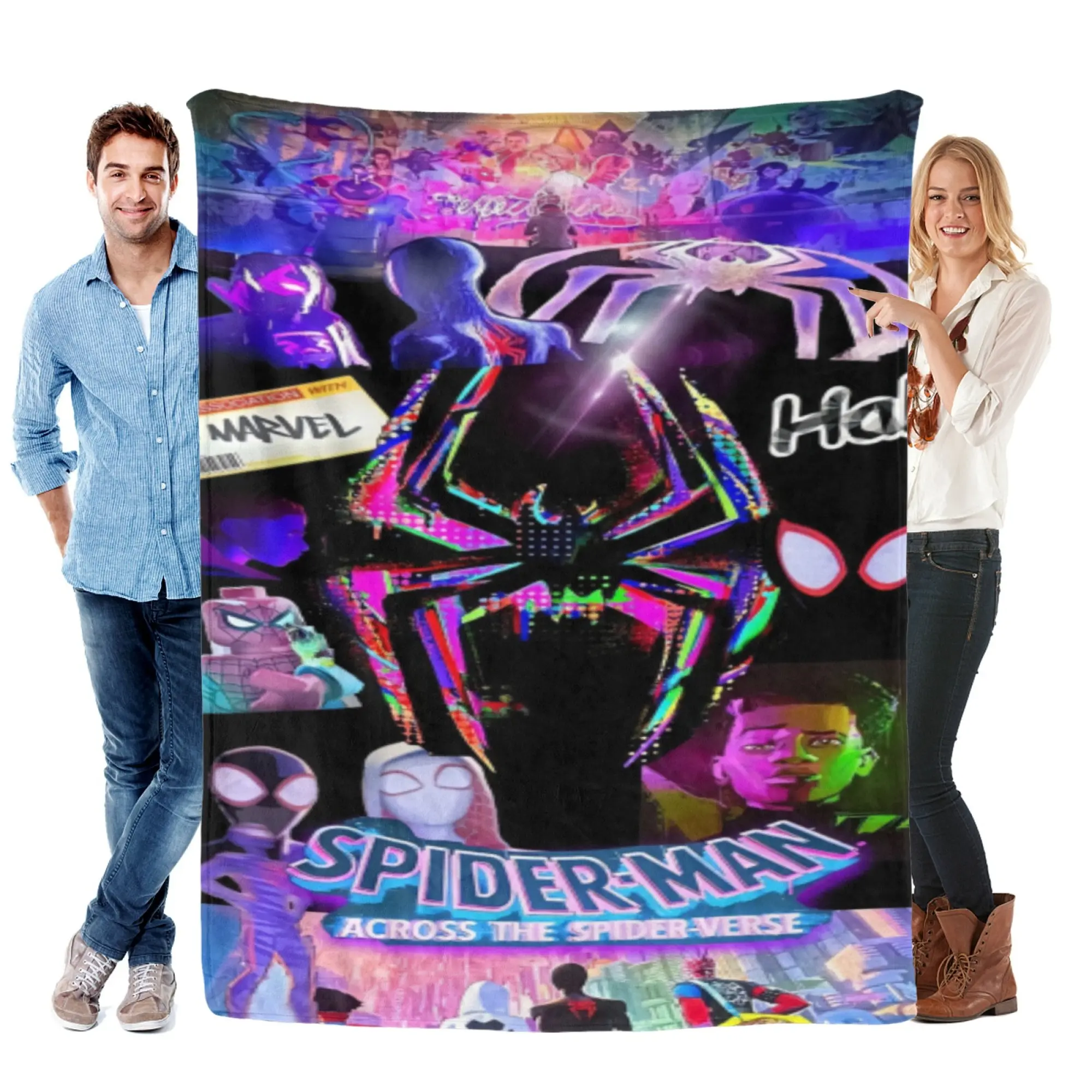 MARVEL Spider-Man Across the Spider-Verse Super Soft Flannel Fabric Blanket, Neon Glitch 2D Print Throw for Home & Couch, Gamer Rooms Decor