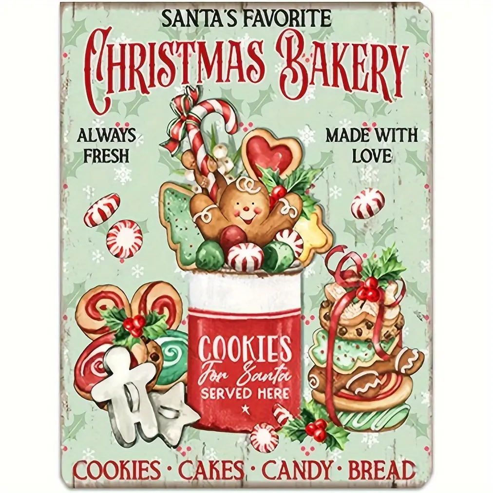 Vintage Christmas Metal Tin Sign - Santa's Favorite Bakery Wall Decor, Festive Gingerbread & Cookie Theme, 8x12 in Durable Wall-Mount Holiday Plaque, Easy-Hang for Home, Cafe, No Battery Needed