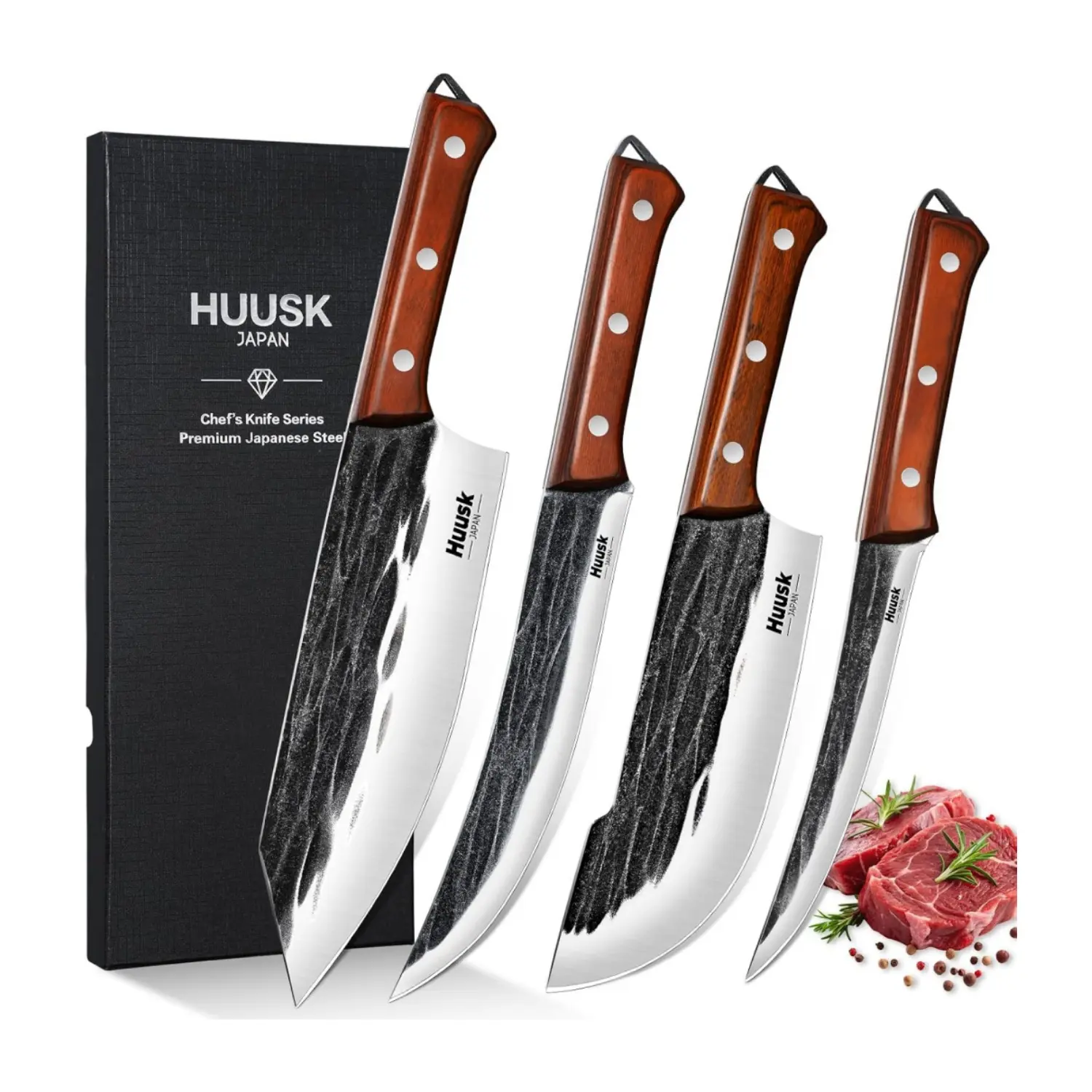 Huusk knives Butcher Knife Set, 4 PCS Hand Forged BBQ Knife Set for Meat Cutting, Sharp Meat Carving Breaking Knives with Ergonomic Handle, Gift for Men Women
