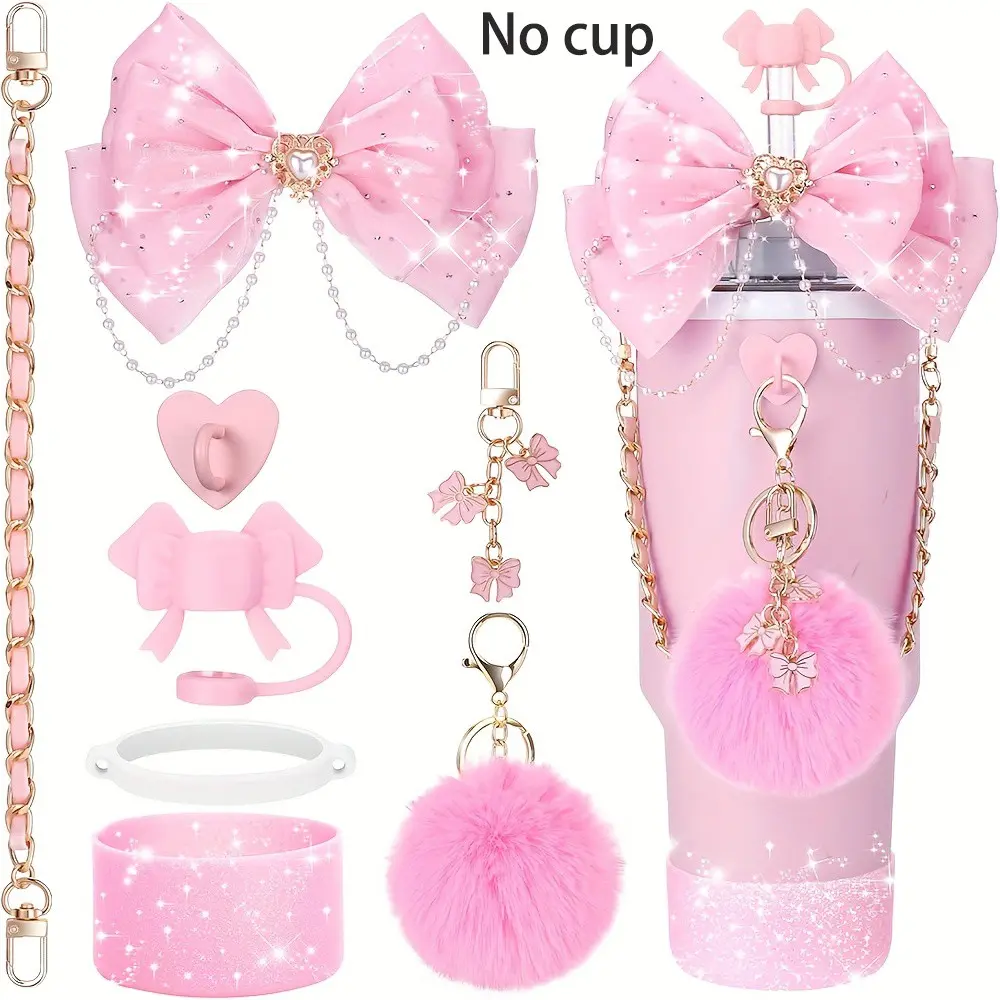 Bling Cup Accessories for 30oz 40oz 20oz Tumblers, Bow Straw Topper, Leather Handle Strap, Silicone Boot, Charm Chain, Perfect Gift Set, Straw Toppers For Tumblers