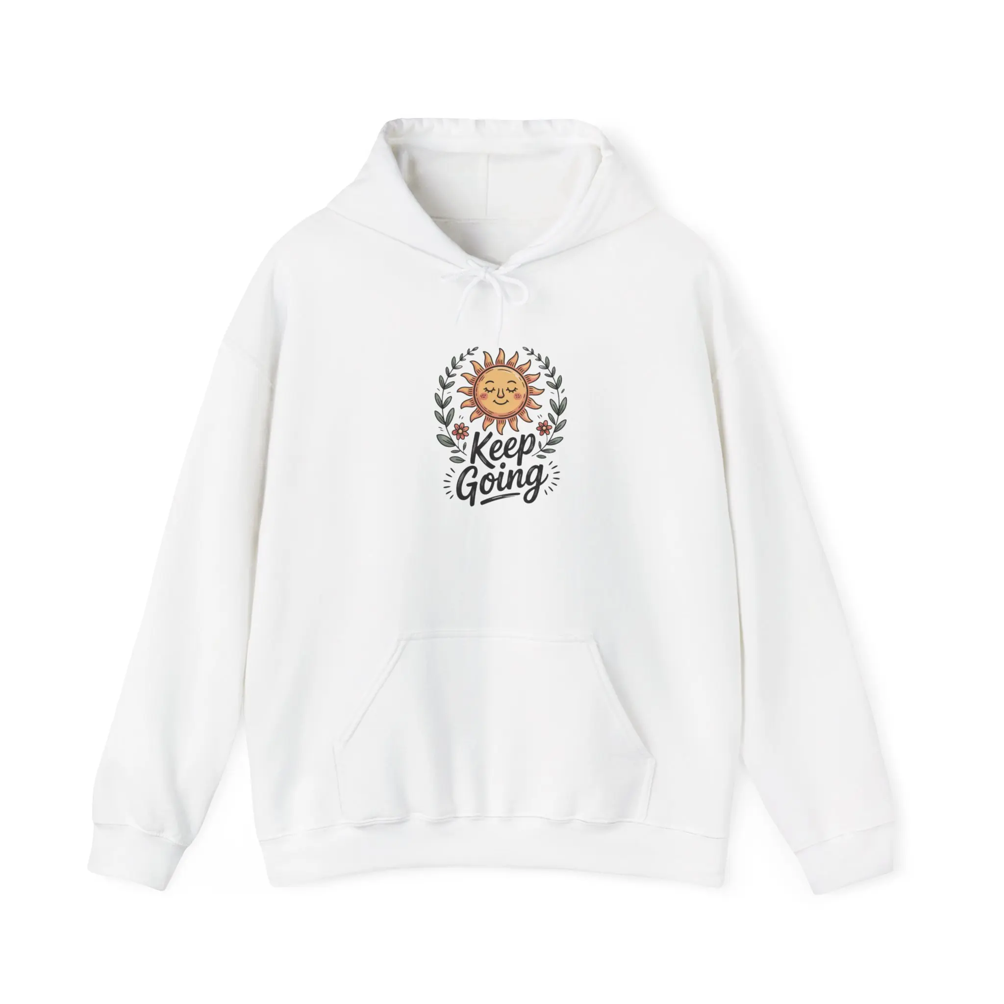 Men's Small Cotton Seamless Soft Knit Hoodie Sweatshirt - Comfy Casual Top with "Keep Going" Motivational Embroidery-Print Smiling Face, Kangaroo Pocket, Smooth Sun-Protective Fabric