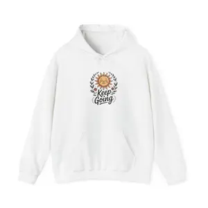 Men's Small Cotton Seamless Soft Knit Hoodie Sweatshirt - Comfy Casual Top with "Keep Going" Motivational Embroidery-Print Smiling Face, Kangaroo Pocket, Smooth Sun-Protective Fabric