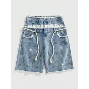 ROMWE MEN Men's Loose Fit Double Layer Waist Diamond Embellished Denim Shorts