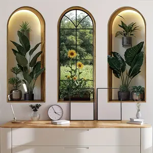 3-Piece set, 2D plane, arched false window with realistic effect and tropical plant wall sticker, self-adhesive, suitable for living room, bedroom, study, bathroom background wall home decoration, Decorative wall sticker