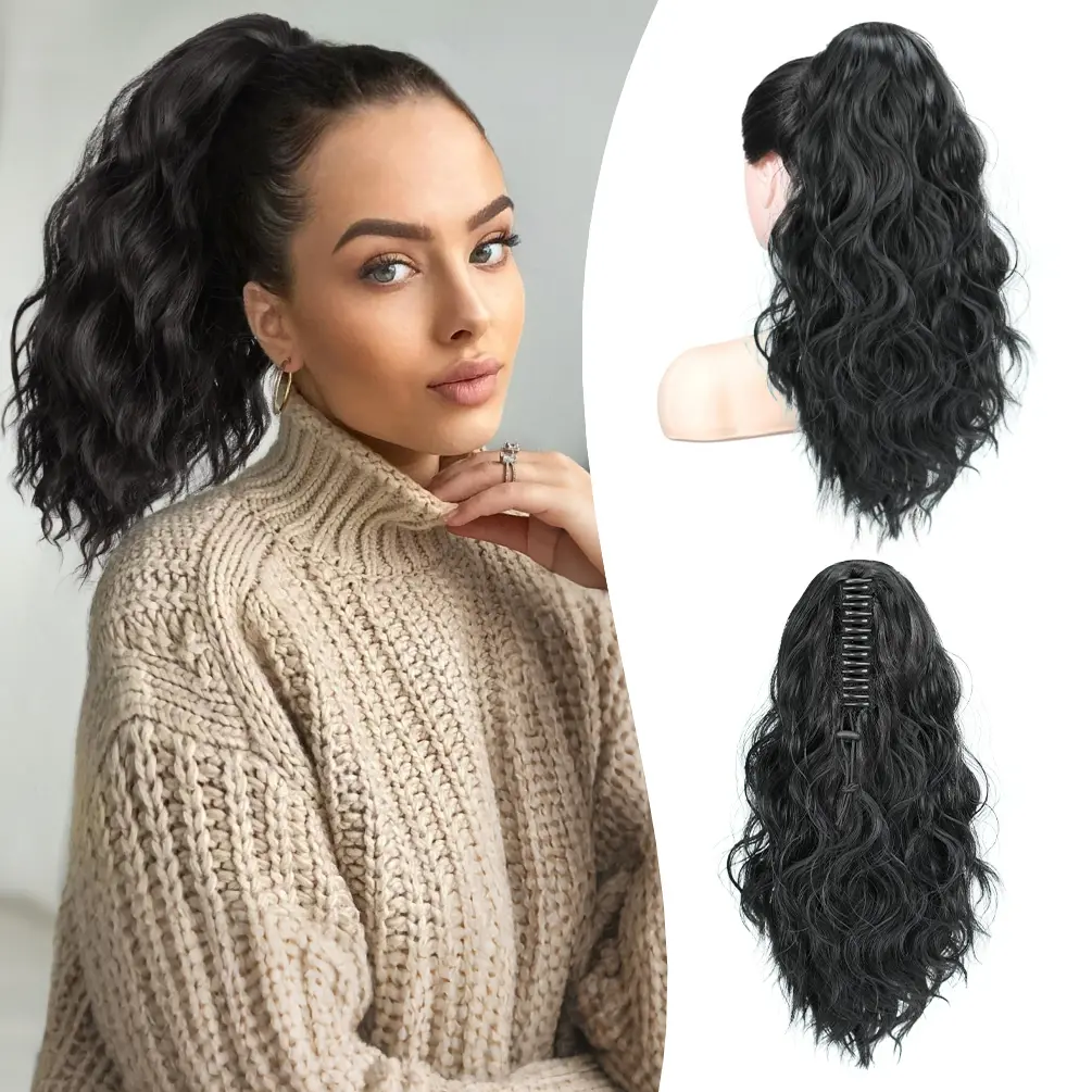 YEAME 14-Inch Wavy Curly Ponytail Extension, Premium Synthetic Soft Hairpieces with Claw Clip, Clip-In Synthetic Hair Extensions for Women, Instant Volume for Boho-Retro Casual Hairstyles, Curly Pony Tails