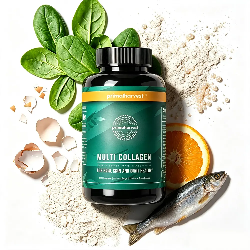Primal Harvest Multi Collagen Peptides Capsules - Types I, II, III, V, X for Hair, Skin, Nails & Joint Support, 120 Ct
