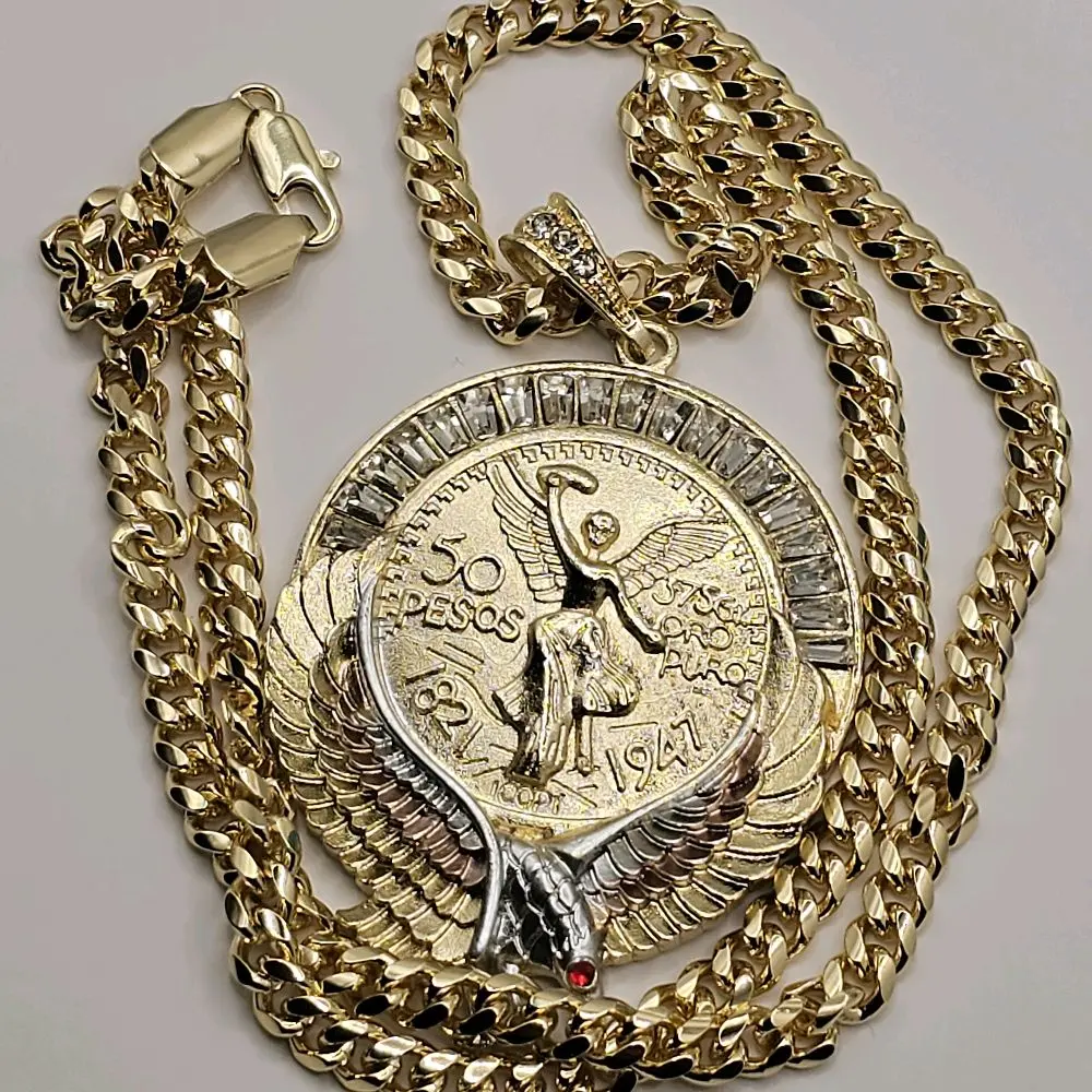 N52-Mexican eagle centenario pendant 77mm long 48.3mm wide-6mm 23.3 inch Chain 14 Karat Gold Plated