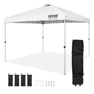 VEVOR Pop Up Canopy Tent,  10 x 10 ft, 250 D PU Silver Coated Tarp, with Portable Roller Bag and 4 Sandbags, Waterproof and Sun Shelter Gazebo for Outdoor Party, Camping, Commercial Events, White