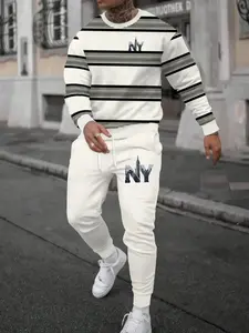 Men's Fashion Long Sleeve Hoodie Set, Casual Striped Ny Pattern Printed Pullover, Fall & Winter Regular Fit Sportswear, Streetwear Tracksuit Set, Sweatsuits Set, Casual Sporty Set, Graphic Tracksuit