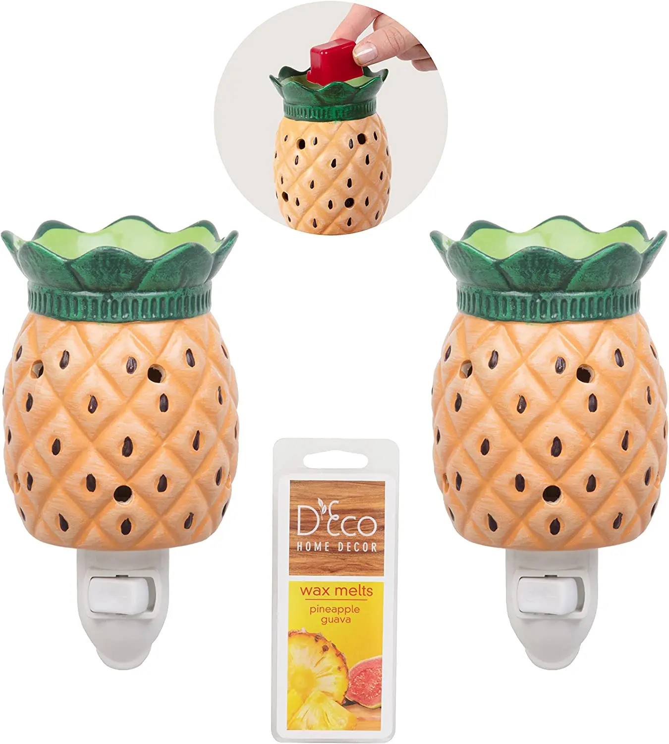D'Eco Plug-in Fragrance Wax Melt Warmers (2 Pk)- Electric Scented Tart, Oil & Candle Warmer w 4 Pineapple Guava Wax Cubes- Halogen Bulb Melts Wax & Fills Room w Fresh Scent