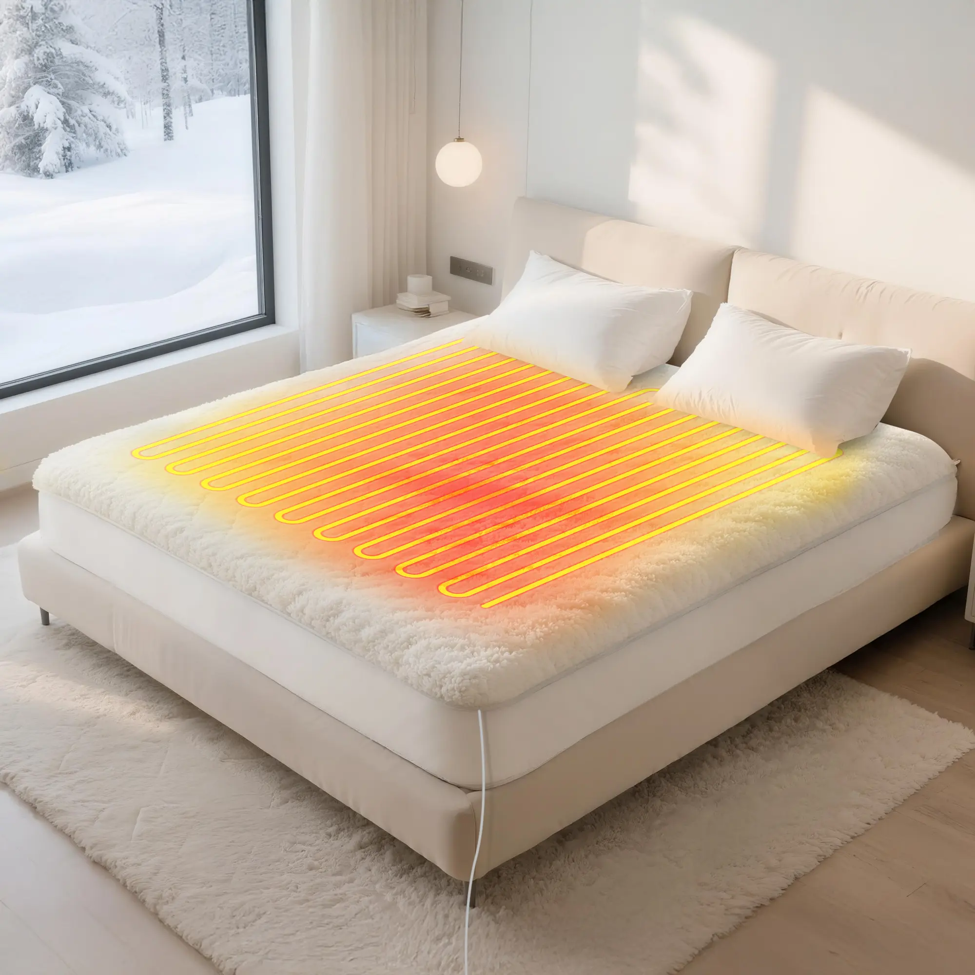Lambswool Fitted Heated Mattress Pad (Queen Size, 60in x 80in) - Memory & Preheat Functions, 4/8/12-Hour Auto Shut-Off, 3-Level Temp Control, Dual Controllers, Rapid Heating, Fitted Mattress Pad