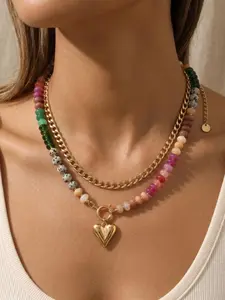 Dopamine-Enhanced Colored Beaded Necklace, Elegant Beaded Necklace, Heart-Shaped Pendant Chain, Clavicle Jewelry, Unique Stacked Design, Women's Gift, Exquisite Jewelry Gift